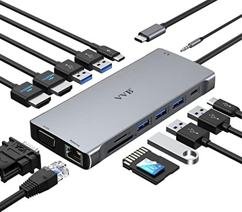 Estação de ancoragem USB C, monitor duplo, dock Thunderbolt USB C Hub adaptador multiportas com tela tripla para laptop com HDMI duplo, VGA, Ethernet, 5 USB, SD/TF, 100W PD, áudio para Dell, HP, Lenovo, Surface