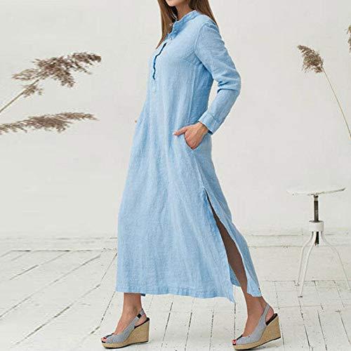 Domary Vestido longo feminino casual mangas compridas com bolsos laterais fenda vintage maxi robe