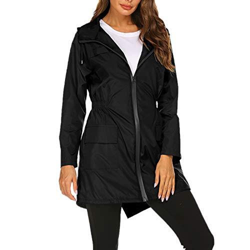 WSLCN jaqueta longa feminina à prova d'água para uso ao ar livre, leve, à prova de vento, casual, esportivo, casaco, Preto, Bust 44.1" (Asian M)