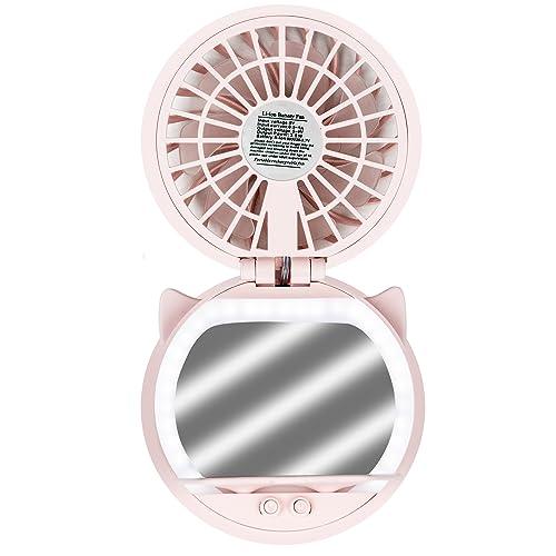 Ventilador Mini Portátil Com Espelho Maquiagem Gatinho Haiz Cor:Rosa