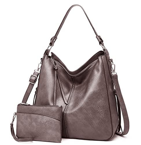 kit de bolsa femininas 2 peças vintage bolsa de ombro com carteira grande capacidade feminina de couro pu bolsa mensageiro casual fashion (Cinza)