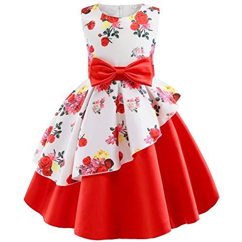 Houfung Vestido infantil de 3 a 9 anos com listras de flores para meninas, roupas infantis, vestido de princesa para festa de casamento, Vermelho 1, 3T