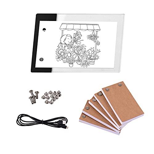 Domary Kit Flip Book com Mini LED Light Pad Orifício Design Caixa de luz de controle de brilho de 3 níveis 300 folhas Papel Flipbook de animação Parafusos de ligação para crianças Alunos Adultos Desenho Traçando Esboço