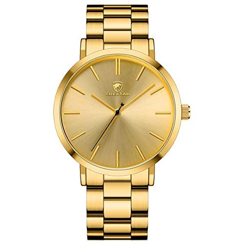 GOLDEN HOUR Relógios masculinos finos minimalistas, banhados a passarela, aço inoxidável, quartzo, analógico, Dourado,