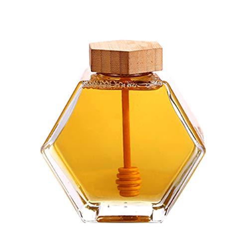 Recipiente de vidro de mel UPKOCH em forma hexagonal para mel com pote de mel, armazenamento de colmeia de abelha, com Dipper de madeira e cortiça para cozinha caseira, 220 ml