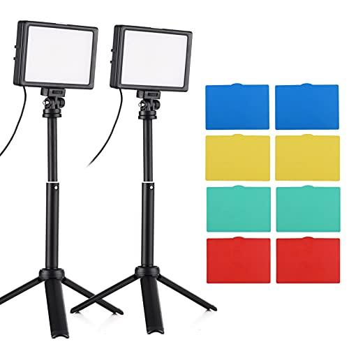 Miaoqian Conjunto de luz de vídeo LED de 2 pacotes 15W para fotografia de mesa Luz de preenchimento bicolor com brilho ajustável de temperatura Fonte de alimentação USB CRI95 com filtros de cores exte