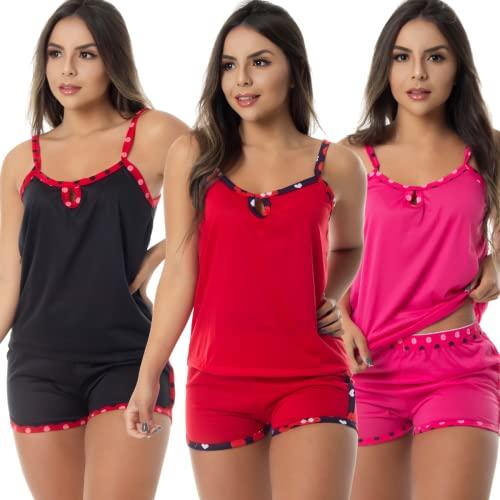 Kit com 3 Baby Doll Malha Conforto | Pijama Verão Joice cor:vermelho;tamanho:GG