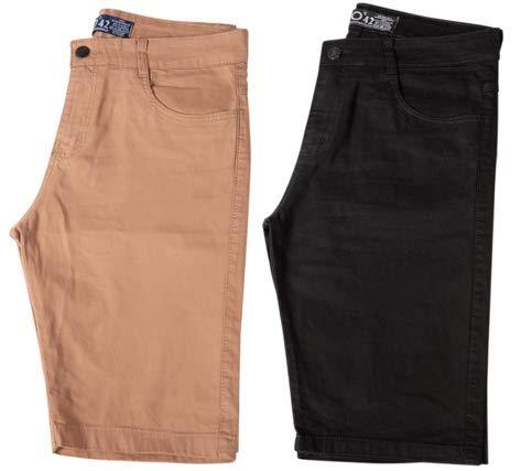 Kit c/ 2 Bermudas Masculinas Jeans e Sarja Coloridas com Lycra - Bege e Jeans Escuro - 40