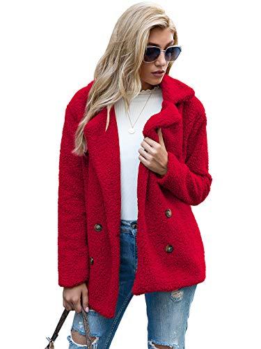 Casaco de lã feminino com lapela de pele falsa, casaco de inverno, confortável, quente, casaco (VERMELHO,P)