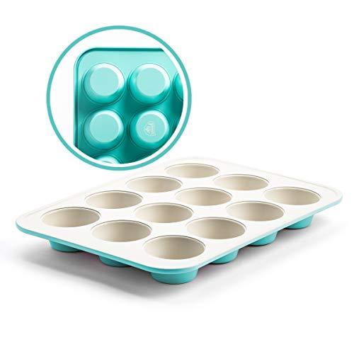 GreenLife Bakeware — Forma antiaderente de cerâmica saudável, forma de muffin/muffin, forma de cupcake, 12 xícaras, turquesa