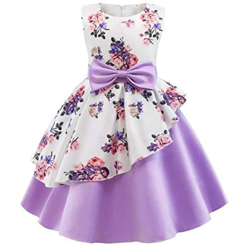 Houfung Vestido infantil de 3 a 9 anos com listras de flores para meninas, roupas infantis, vestido de princesa para festa de casamento, Roxa, 2T