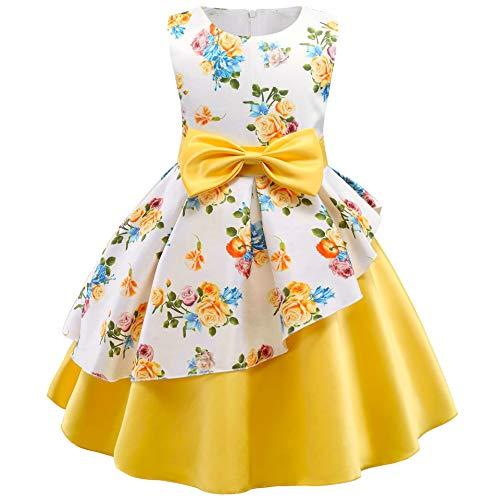 Houfung Vestido infantil de 3 a 9 anos com listras de flores para meninas, roupas infantis, vestido de princesa para festa de casamento, Amarelo, 3T