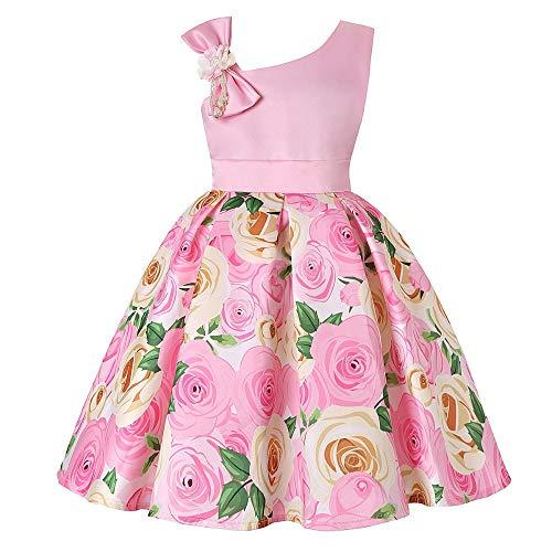 Houfung Vestido infantil de 3 a 9 anos com listras de flores para meninas, roupas infantis, vestido de princesa para festa de casamento, Rosa 9, 9