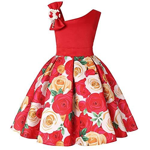 Houfung Vestido infantil de 3 a 9 anos com listras de flores para meninas, roupas infantis, vestido de princesa para festa de casamento, Vermelho (Red7), 3T