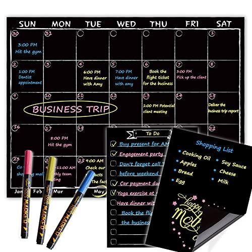 JJPRO Calendário mensal magnético de quadro-negro com marcadores de giz líquido neon brilhante – quadro de planejamento mensal para geladeira preta com bônus – lista de compras e bloco de notas para geladeira de cozinha