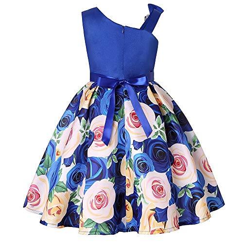 Houfung Vestido infantil de 3 a 9 anos com listras de flores para meninas, roupas infantis, vestido de princesa para festa de casamento, Azul 6, 9