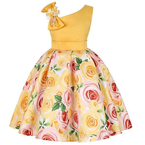 Houfung Vestido infantil de 3 a 9 anos com listras de flores para meninas, roupas infantis, vestido de princesa para festa de casamento, Amarelo 12, 9