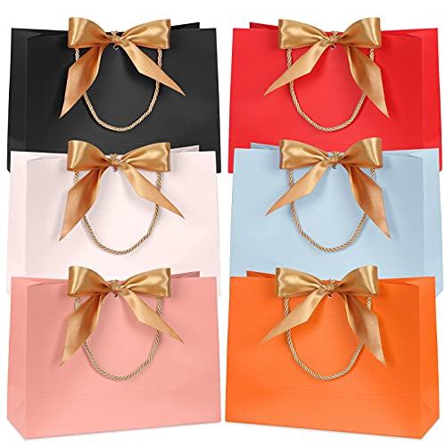 FYY 6 sacos de presente tamanho pequeno com alças a granel, sacos de papel coloridos impermeáveis com fita dourada para chá de bebê, festa de casamento, aniversário, celebrações (28 x 9,8 x 19,8 cm, 6 cores)