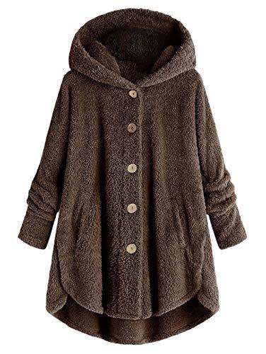 JMSUN Casaco feminino quente para outono e inverno com capuz fofo plus size alto baixo Teddy coat (Marrom, G)