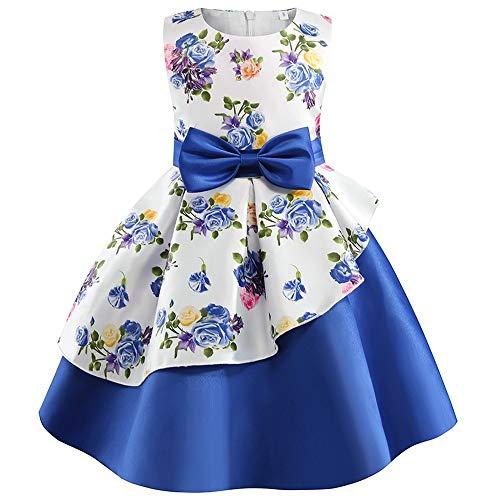 Houfung Vestido infantil de 3 a 9 anos com listras de flores para meninas, roupas infantis, vestido de princesa para festa de casamento, Azul 2, 3T