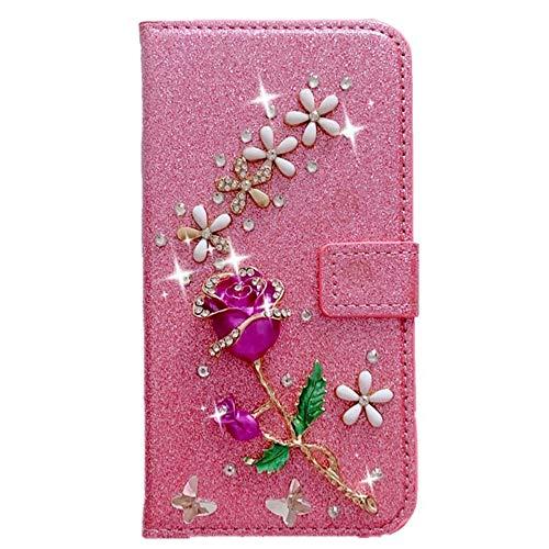 Capa carteira XYX para Samsung Galaxy A21S SM-A217, [flor rosa 3D] capa carteira de couro PU brilhante com glitter para mulheres e meninas, rosa