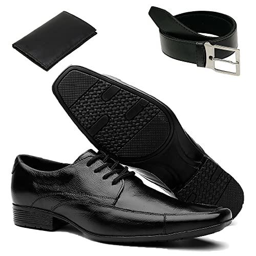 Sapato Social Masculino em Couro com Cadarço Preto + Cinto e Carteira (39)