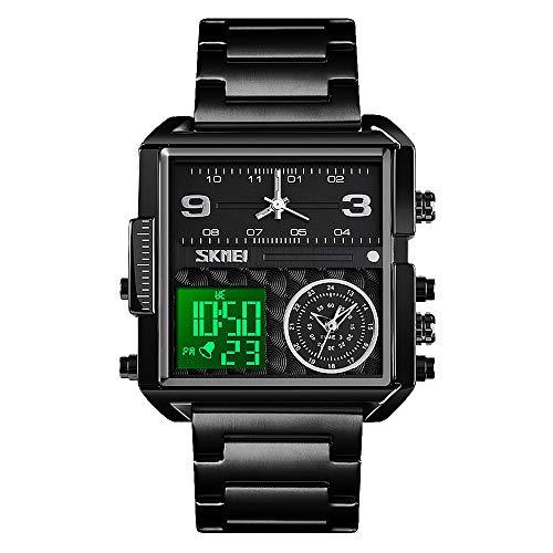 Relógio masculino Esportivo Digital SKMEI, Relógio de pulso de quartzo analógico quadrado de LED grande com cronômetro à prova d'água com fuso multihorário, Negócio, Black Steel-light, 1.78*1.61*0.55 inch