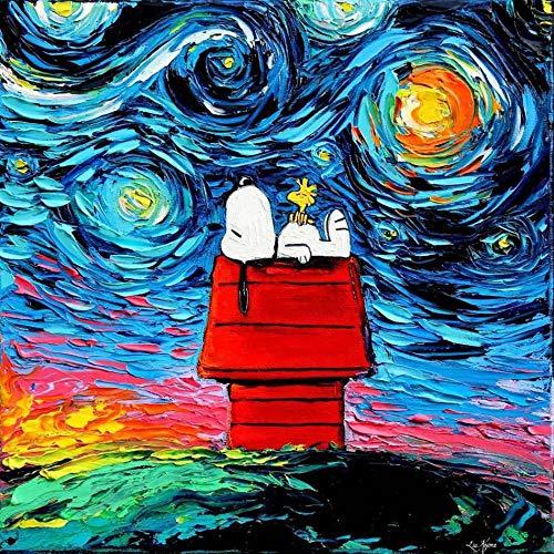 Snoopy e a Noite Estrelada de Liu Kojima - 60x60 - Tela Canvas Para Quadro