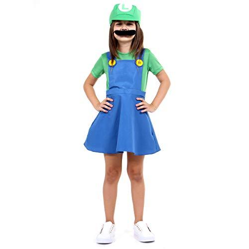 Fantasia Luigi Fem Vestido Luxo Infantil 937537-M, Azul/Verde, Sulamericana Fantasias