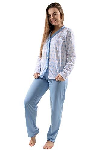 Pijama Amamentação Feminino Com Botão Manga Comprimida Longo Estampado (GG, azul)