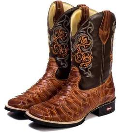 Bota Texana Masculina Rodeio Escamada Couro Bico Quadrado Marrom-Marrom, 39