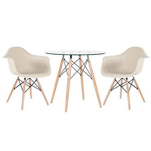 Kit - Mesa de vidro Eames 80 cm + 2 cadeiras Eames Daw bege