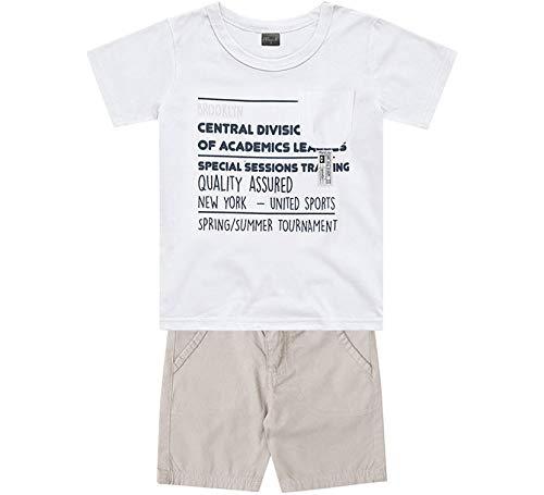 Conj. Infantil Camiseta Branca Frases e Bermuda Sarja Bege Menino Mundi 1 Ano