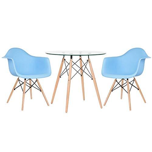 Kit - Mesa de vidro Eames 80 cm + 2 cadeiras Eames Daw azul claro