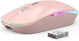 SZAMBIT Mouse Bluetooth Sem Fio,LED Slim Dual Mode (Bluetooth 5.1 + USB)Mouse Sem Fio Bluetooth Silencioso Recarregável de 2,4 GHz com Adaptador Tipo C para Laptop/MacBook/iPad OS 13,Rosa