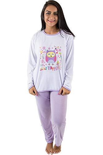 Pijama Feminino Longo de Malha Estampado (G, Lilás)