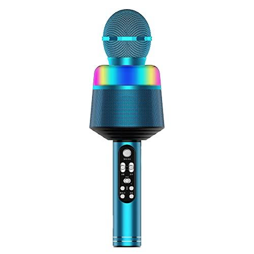 Tomshin Microfone de karaokê sem fio com luzes LED 2 em 1 portátil BT microfone alto-falante com suporte para cartão TF para dispositivos iOS/Android, azul