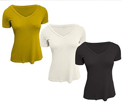 Kit 3 Camisetas Feminina Gola V Podrinha (Mostarda - Off - Preta, M 36 ao 44)