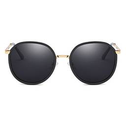 Cyxus óculos de sol redondos polarizados masculinos femininos esportes proteção uv metal retro TAC anti-reflexo para óculos de sol diários (Armação preta das hastes douradas)