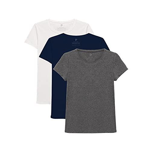 Kit 3 Camisetas Babylook Gola C Feminina; basicamente; Branco/Marinho/Mescla Escuro XGG