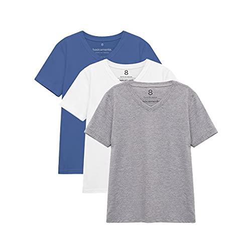 Kit 3 Camisetas Gola V Unissex; basicamente; Azul Oceano/Branco/Mescla Claro 4