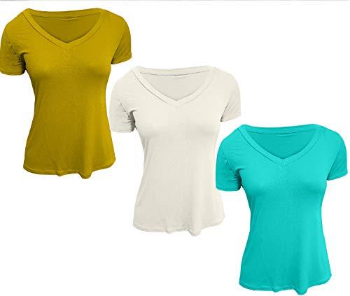 Kit 3 Camisetas Feminina Gola V Podrinha (Verde Piscina - Off - Mostarda, M 36 ao 44)