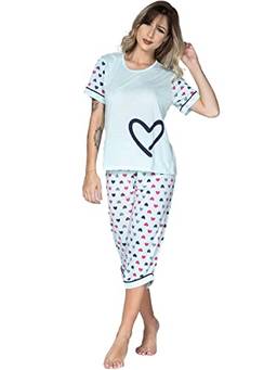 Pijama Feminino Pescador Bermuda Adulto Blusa Calça Curta Inverno Barato Cor:Azul;Tamanho:P