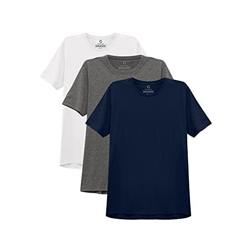 Kit 3 Camisetas Gola C Masculina; basicamente; Branco/Mescla Escuro/Marinho M