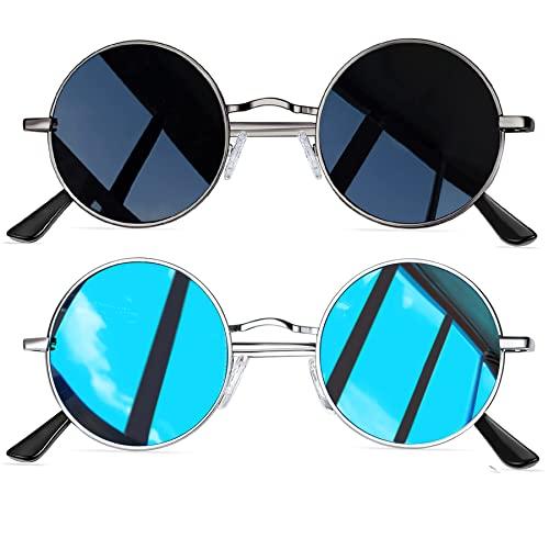 Óculos de Sol Joopin Redondos Masculinos e Femininos Polarizados,John Lennon Pequeno Círculo Hippie Vintage Retrô Steampunk Armação de Metal com Proteção UV (Azul+Cinzas de Arma)