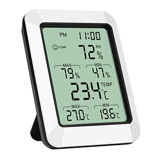 Leeofty Medidor de umidade e temperatura inteligente com display digital LCD Termômetro Higrômetro com alarme de tempo máx. / Min. Valor Função Termo-higrômetro Medidor de temperatura interno, medidor