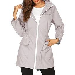 Domary Casaco feminino com capuz impermeável manga comprida elástica cintura zíper casaco impermeável casaco de chuva