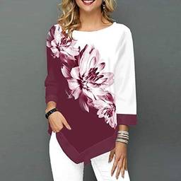 Domary Moda feminina blusa estampada floral plus size 3/4 mangas Irregular Hemline O pescoço Spring T-shirts Tees Casual Tops