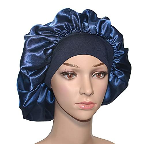 Touca de cetim de cabelo para dormir Toucas de seda com faixa elástica larga para dormir e tranças femininas negras (azul marinho)