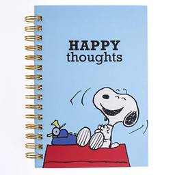Graphique Diário "Happy Thoughts" do Peanuts - 160 páginas pautadas, capa de desenho vintage Peanuts com mensagem "Happy Thoughts" enfeitada com folha dourada, 16 x 21 x 2,5 cm